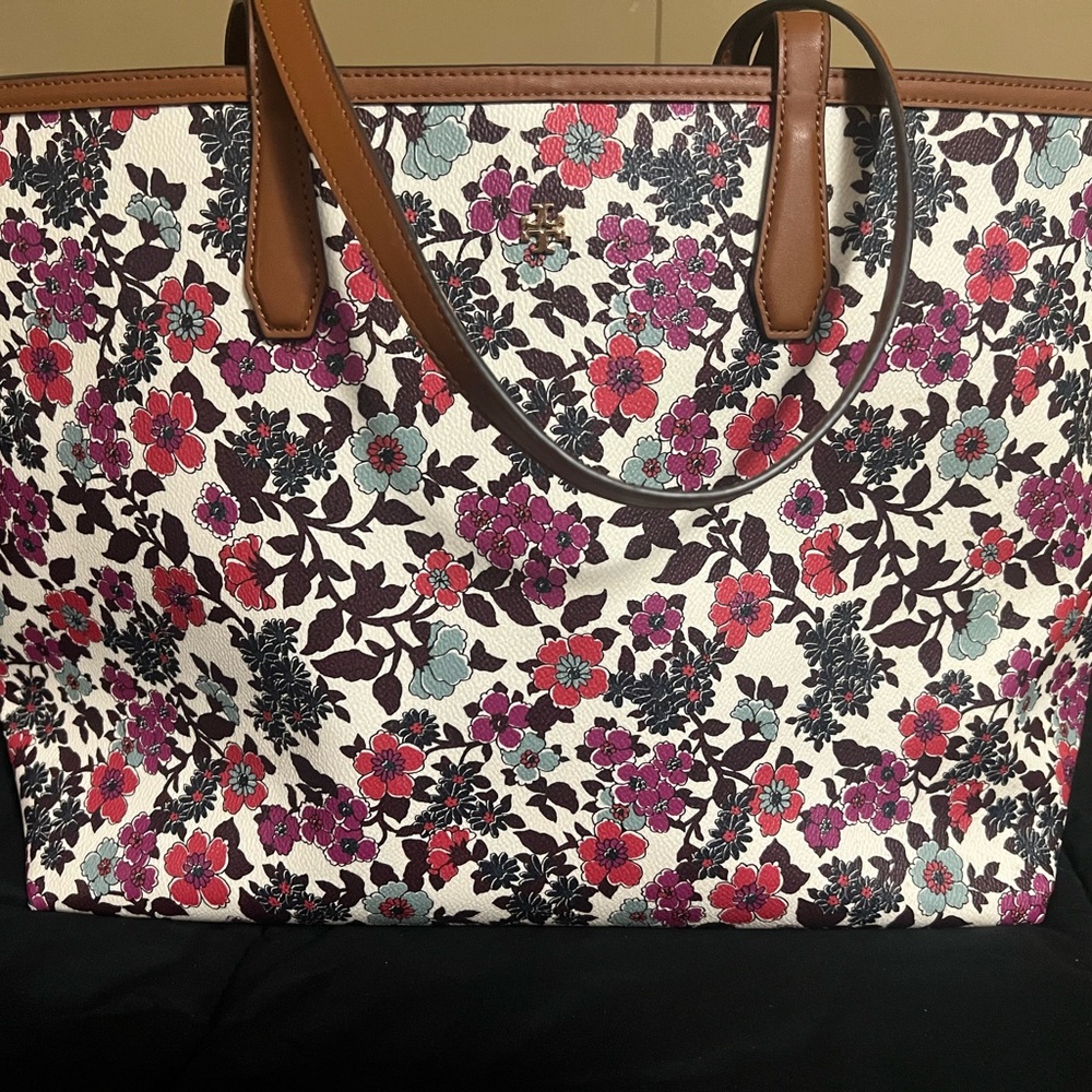 Tory Burch Floral Tote Bag with Brown Handles